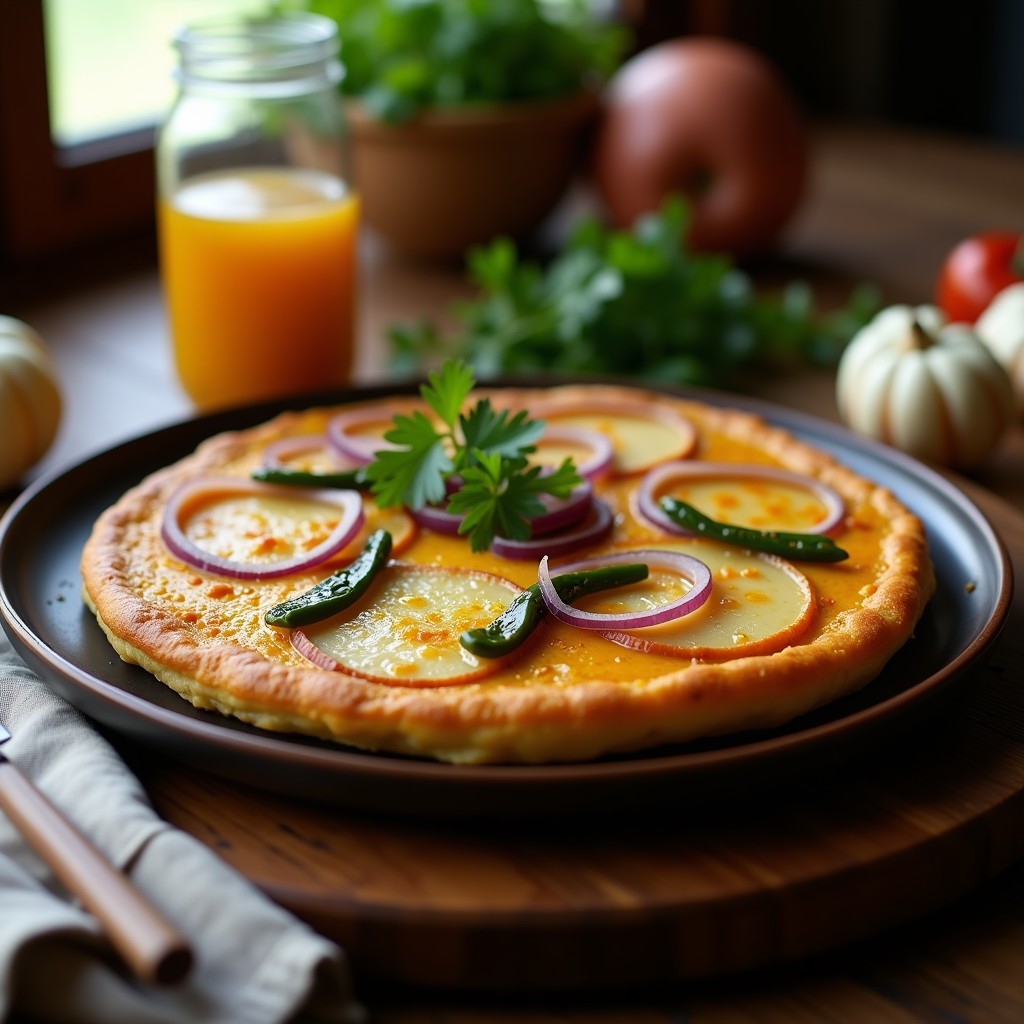 Tortilla de patata dorada y esponjosa con trozos de pimiento del Padrón verde y cebolla morada, decorada con perejil fresco, servida en plato de barro rústico con fondo de mesa de madera.