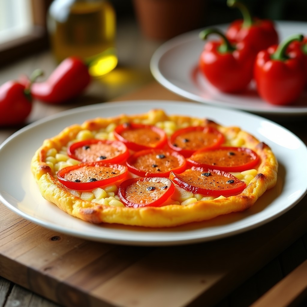 Tortilla de patata y pimientos asados en Thermomix dorada por fuera y jugosa por dentro, servida en plato de barro con un espolvoreado de pimentón de La Vera, acompañada de una ensalada verde y pan tostado.