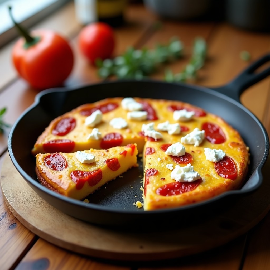 Tortilla española esponjosa con trozos de patata dorada, tiras de pimientos asados rojos y del piquillo, y queso de cabra semiduro derretido en algunas zonas. Servida en plato de barro rústico con fondo de madera y hierbas frescas.