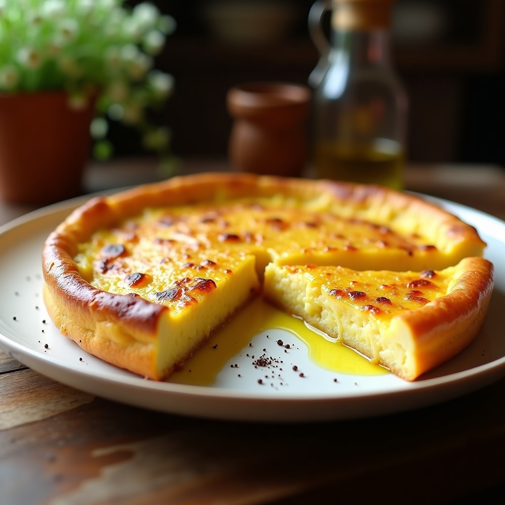 Tortilla de patata y puerro con toque de azafrán, dorada y esponjosa, cortada en porciones sobre un plato de cerámica blanca, con un hilo de aceite de oliva y pimienta negra espolvoreada.