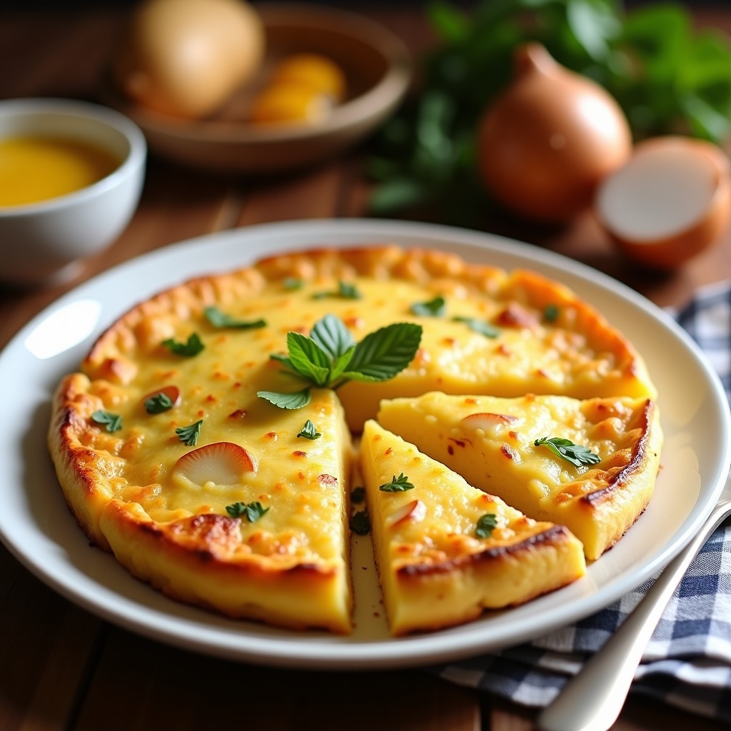 Tortilla de patata tradicional española dorada por ambos lados, cortada en porciones, con un trozo servido en un plato blanco rústico. Ingredientes visibles: huevo, patata y cebolla.