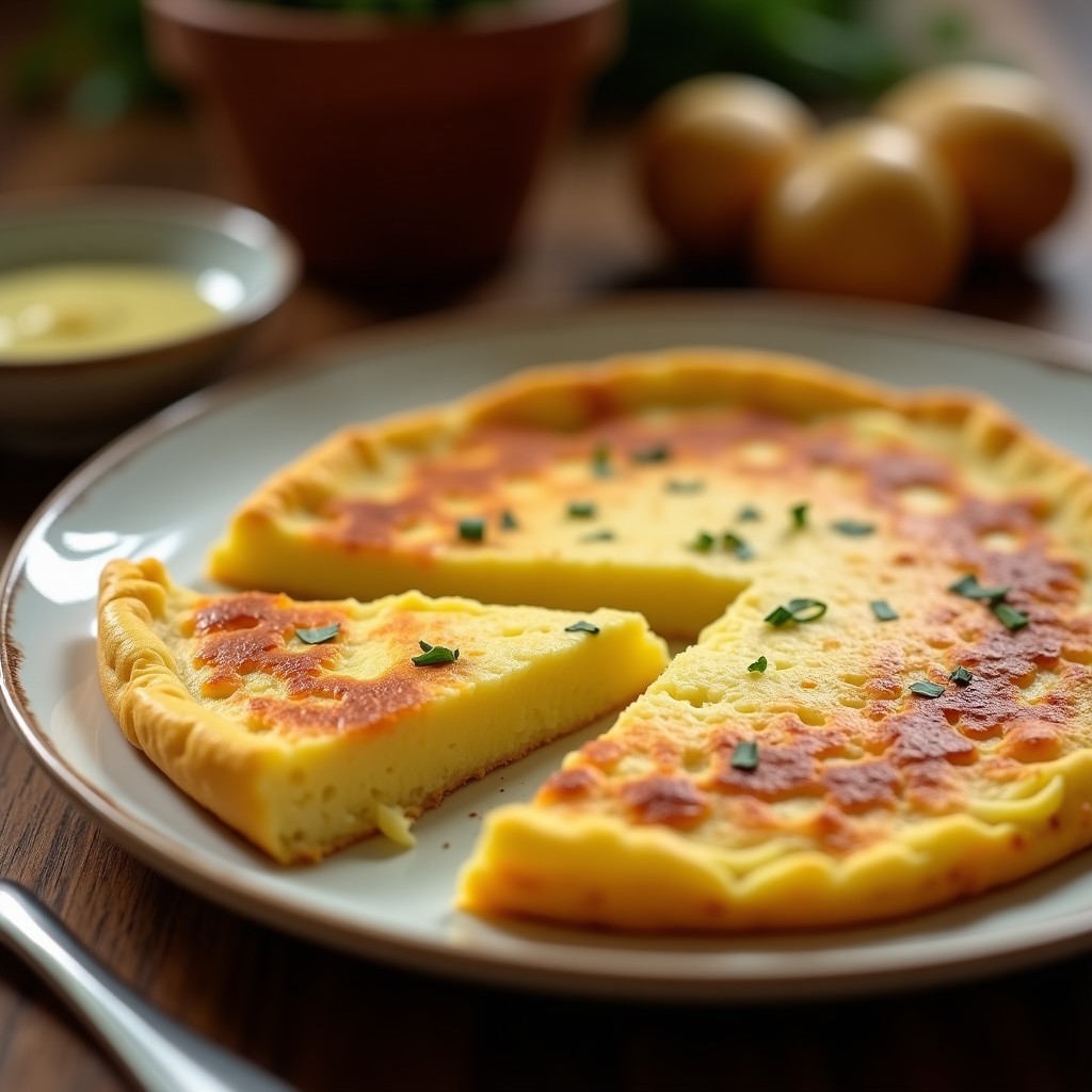 Tortilla de patata tradicional española dorada por ambos lados, cortada en porciones, con textura esponjosa y jugosa por dentro, servida en plato blanco rústico.