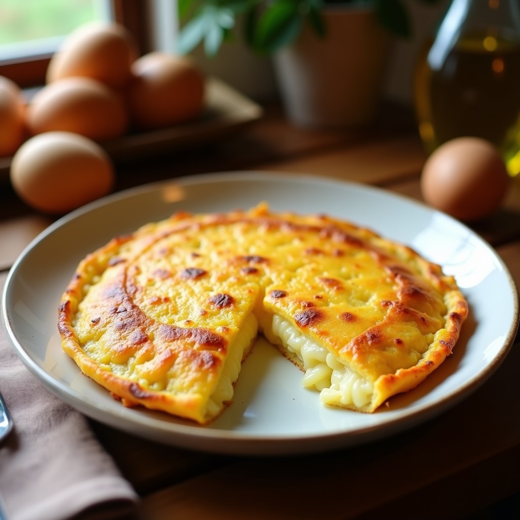 Tortilla de patata tradicional dorada por fuera y jugosa por dentro, servida en un plato blanco rústico con un trozo cortado para mostrar su textura.