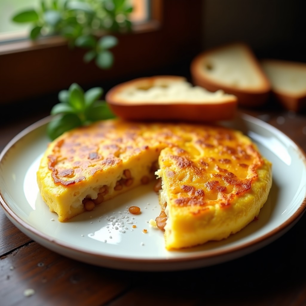 Tortilla de patata tradicional española dorada por fuera y jugosa por dentro, servida en plato blanco rústico con rodaja de pan tostado.