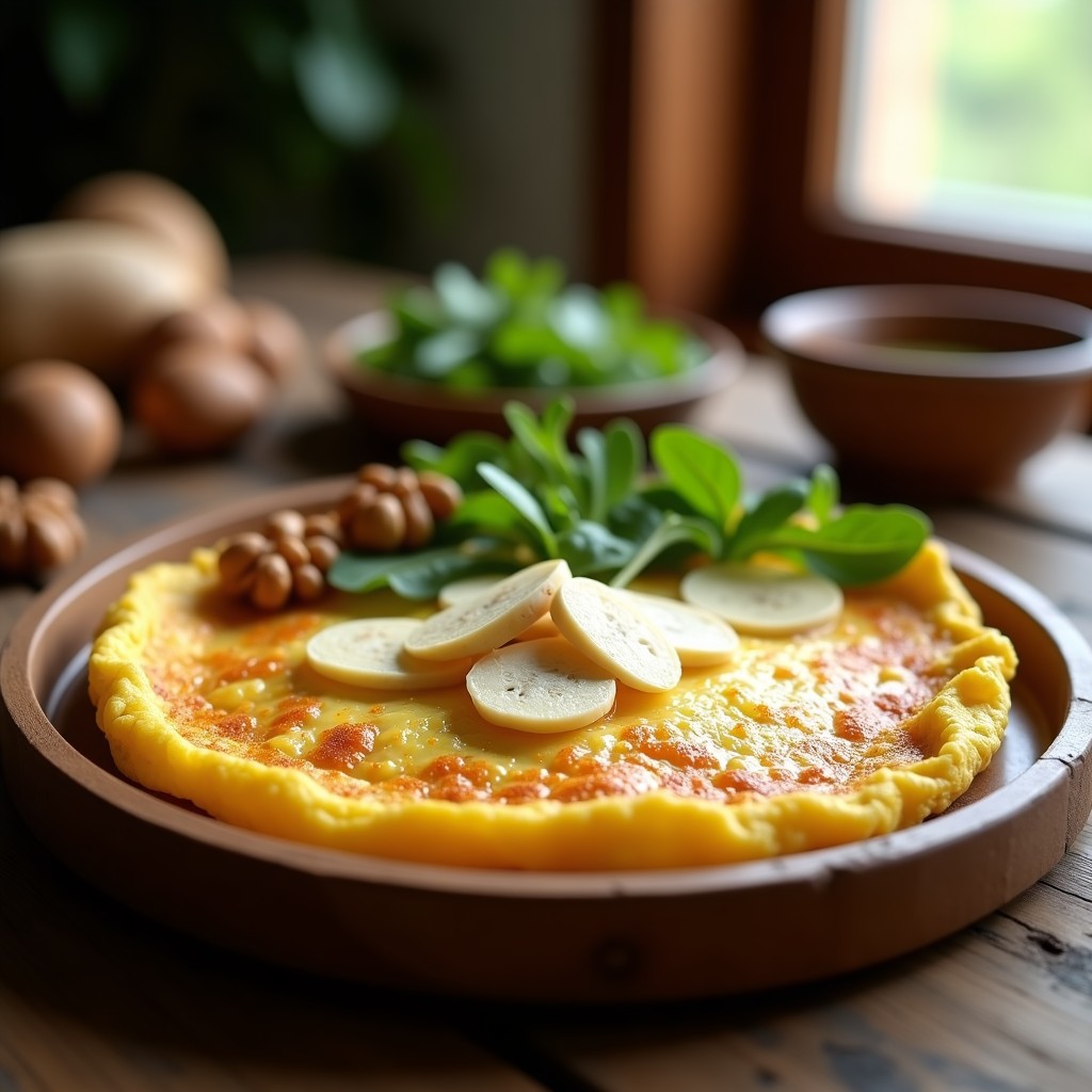 Tortilla de patata dorada y esponjosa con láminas de trufa blanca sobre un plato de madera rústico, acompañada de hojas de rúcula y nueces.