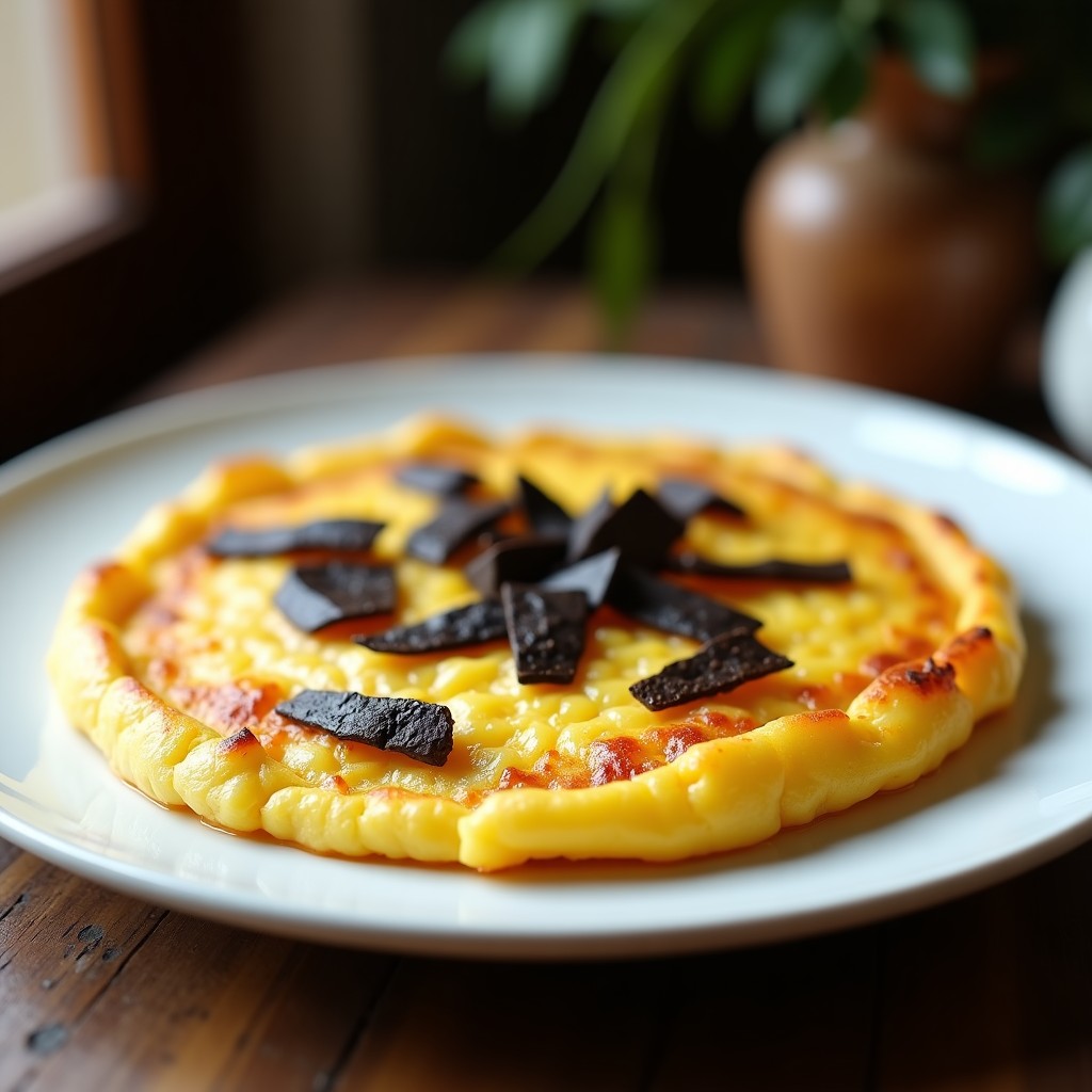 Tortilla de patata dorada con láminas de trufa negra ahumada en la superficie, servida en plato de cerámica blanca sobre fondo rústico de madera.