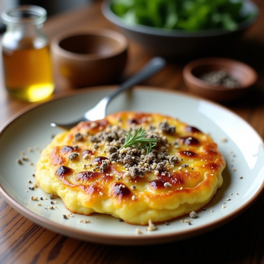 Tortilla de patata dorada con vetas de trufa negra y queso manchego gratinado, servida en plato blanco sobre mesa rústica, receta airfryer sin aceite.
