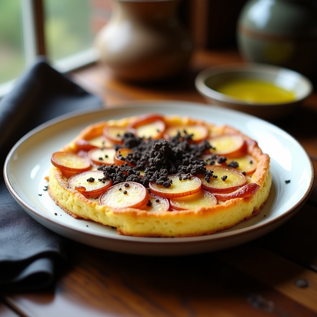 Tortilla de patata dorada con láminas de trufa negra rallada por encima, servida en plato blanco sobre fondo de madera rústica, receta andina gourmet.
