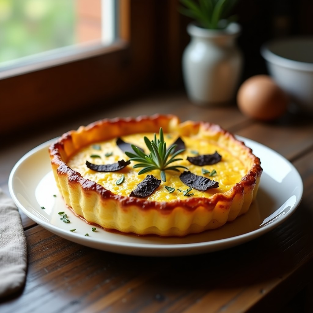 Tortilla de patata dorada y esponjosa con láminas de trufa negra, horneada en molde redondo, servida en plato de cerámica blanca con fondo rústico.
