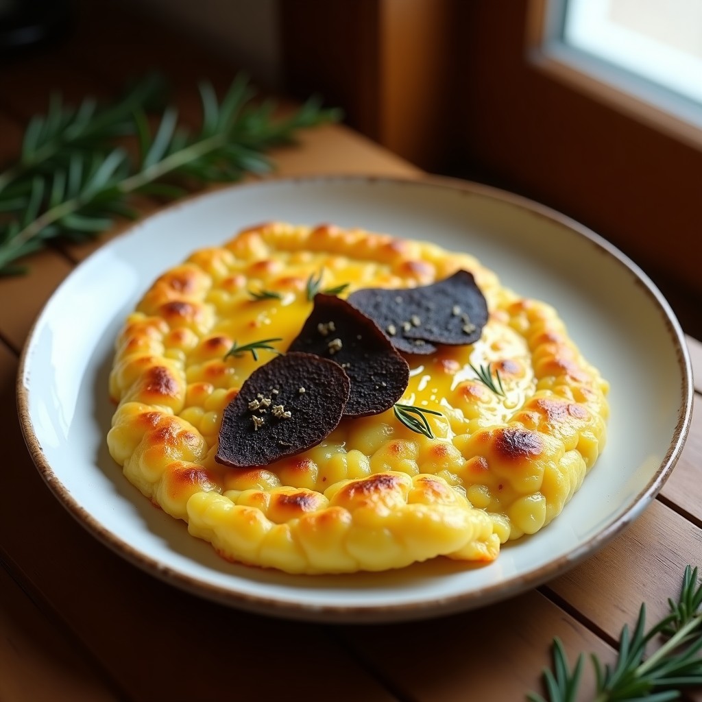 Tortilla de patata dorada y esponjosa con láminas de trufa negra, servida en plato blanco rústico, receta olla exprés.