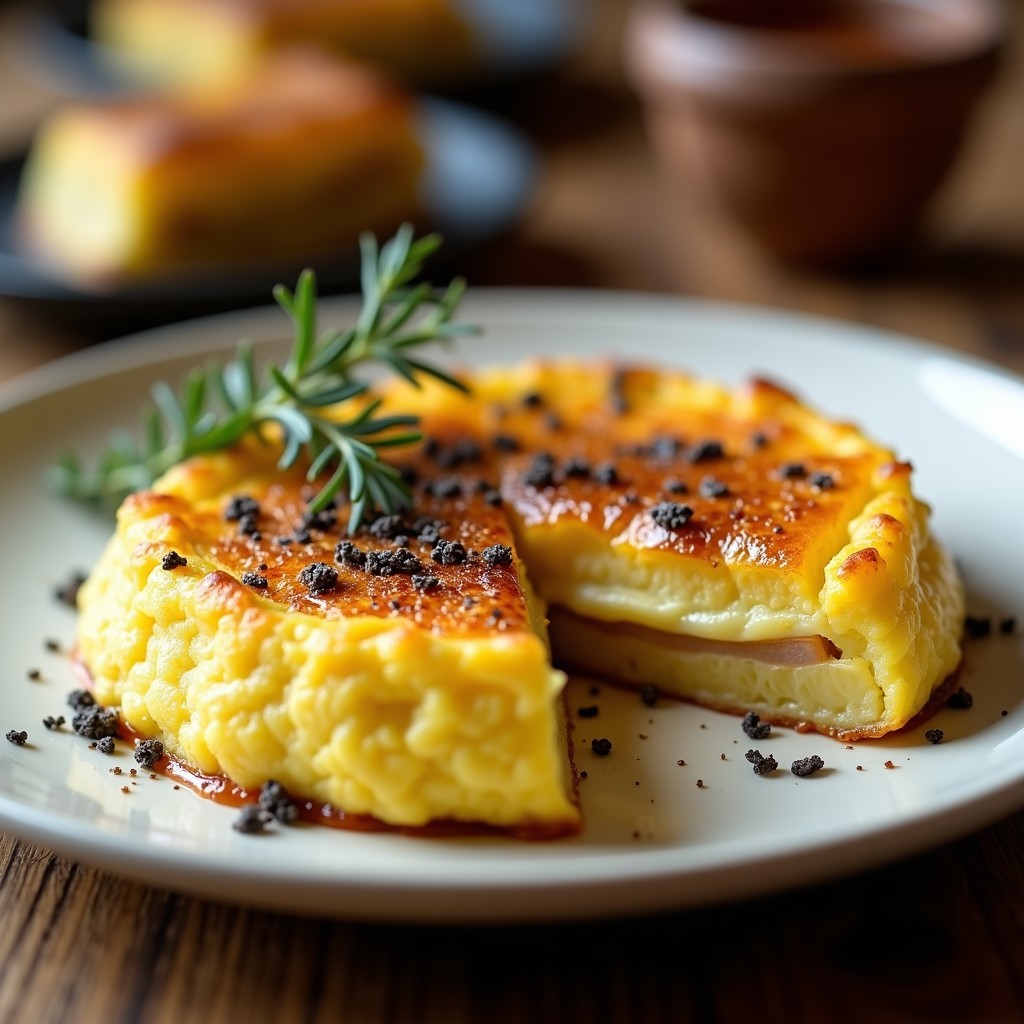 Tortilla de patata dorada con láminas de trufa negra en el centro, cortada en porciones, sobre un plato de cerámica blanca con fondo rústico de madera.