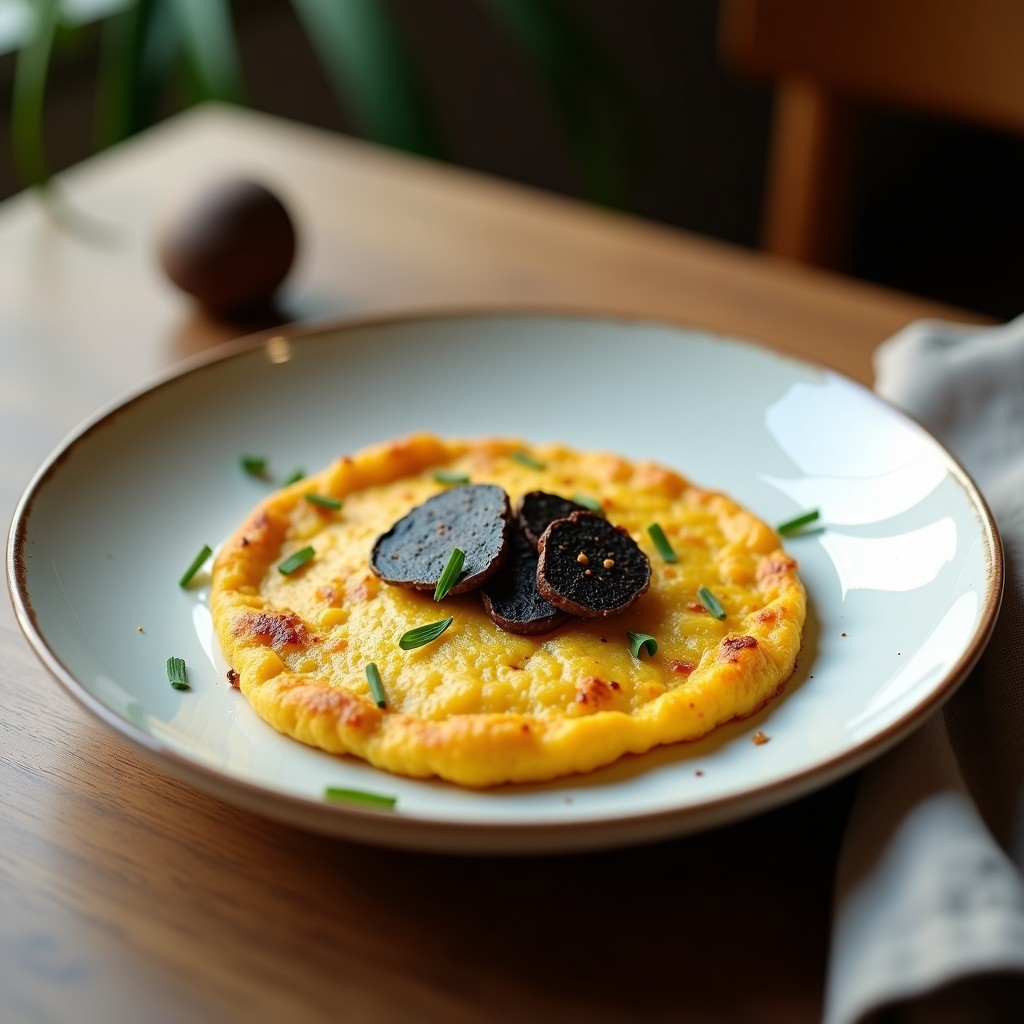 Tortilla de patata dorada con láminas de trufa negra sobre un plato de cerámica blanca, acompañada de hierbas frescas y un hilo de aceite de trufa.