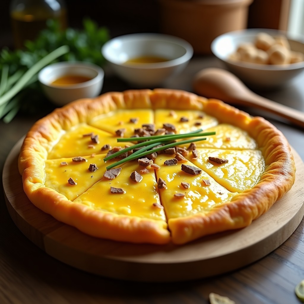 Tortilla de patata dorada con vetas de aceite de trufa negra, cortada en porciones sobre tabla de madera rústica, receta olla lenta gourmet.