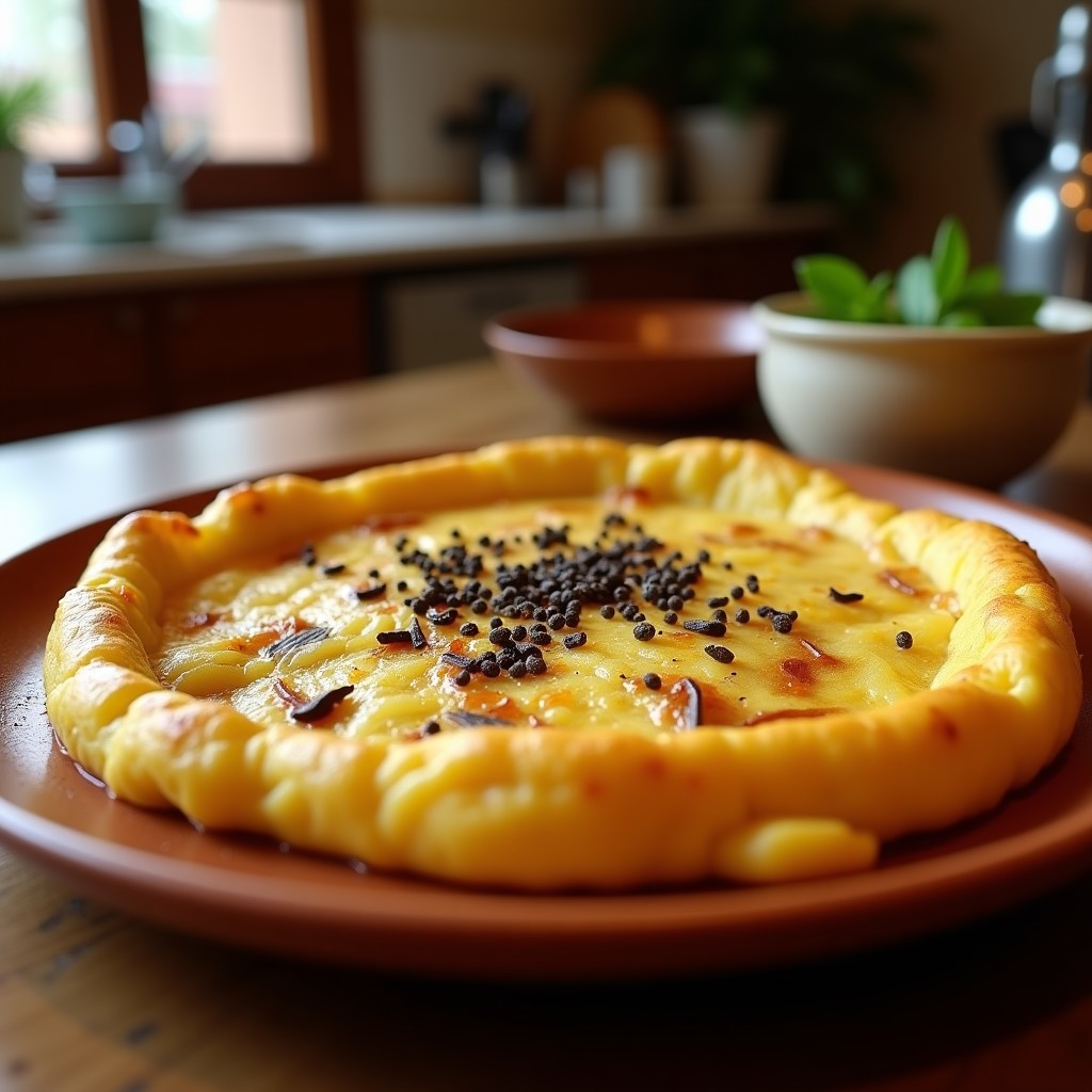 Tortilla de patata dorada con virutas de trufa negra, cocinada en ollas superpuestas, servida en plato rústico de barro con fondo desenfocado.