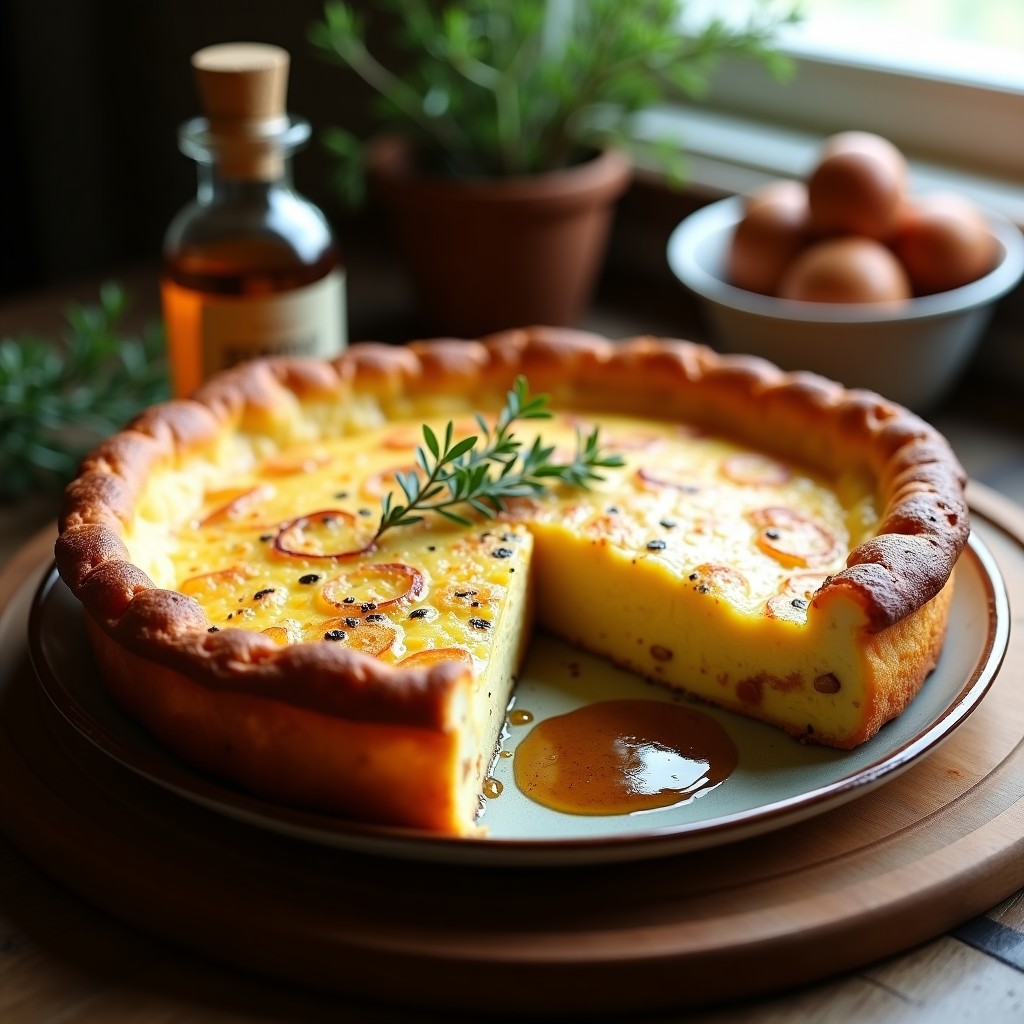 Tortilla de patata trufada dorada y alta en molde de horno, con superficie crujiente y espolvoreada de queso parmesano, servida en plato de barro con hilo de aceite de trufa.