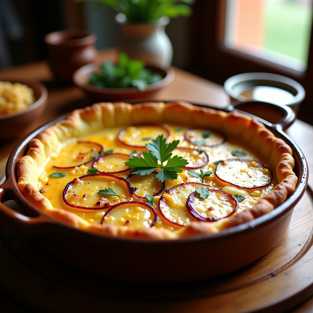 Tortilla de patata trufada al horno en molde redondo, dorada y esponjosa, con rodajas de cebolla morada visibles y un hilo de aceite de trufa brillante en la superficie, receta sin freír.