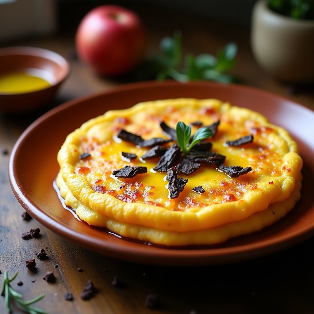 Tortilla de patata trufada en olla express, dorada por fuera y jugosa por dentro, con virutas de trufa negra por encima, servida en plato de barro rústico.
