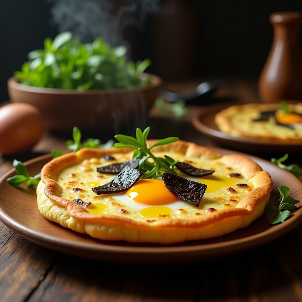 Tortilla de patata dorada con yema cremosa y láminas de trufa negra, servida en plato de madera rústico. Receta olla GM.