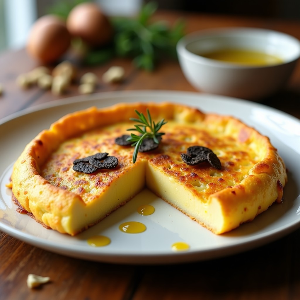 Tortilla de patata trufada en dos capas con queso brie derretido, dorada por fuera y jugosa por dentro, servida en plato de madera con aceite de trufa.