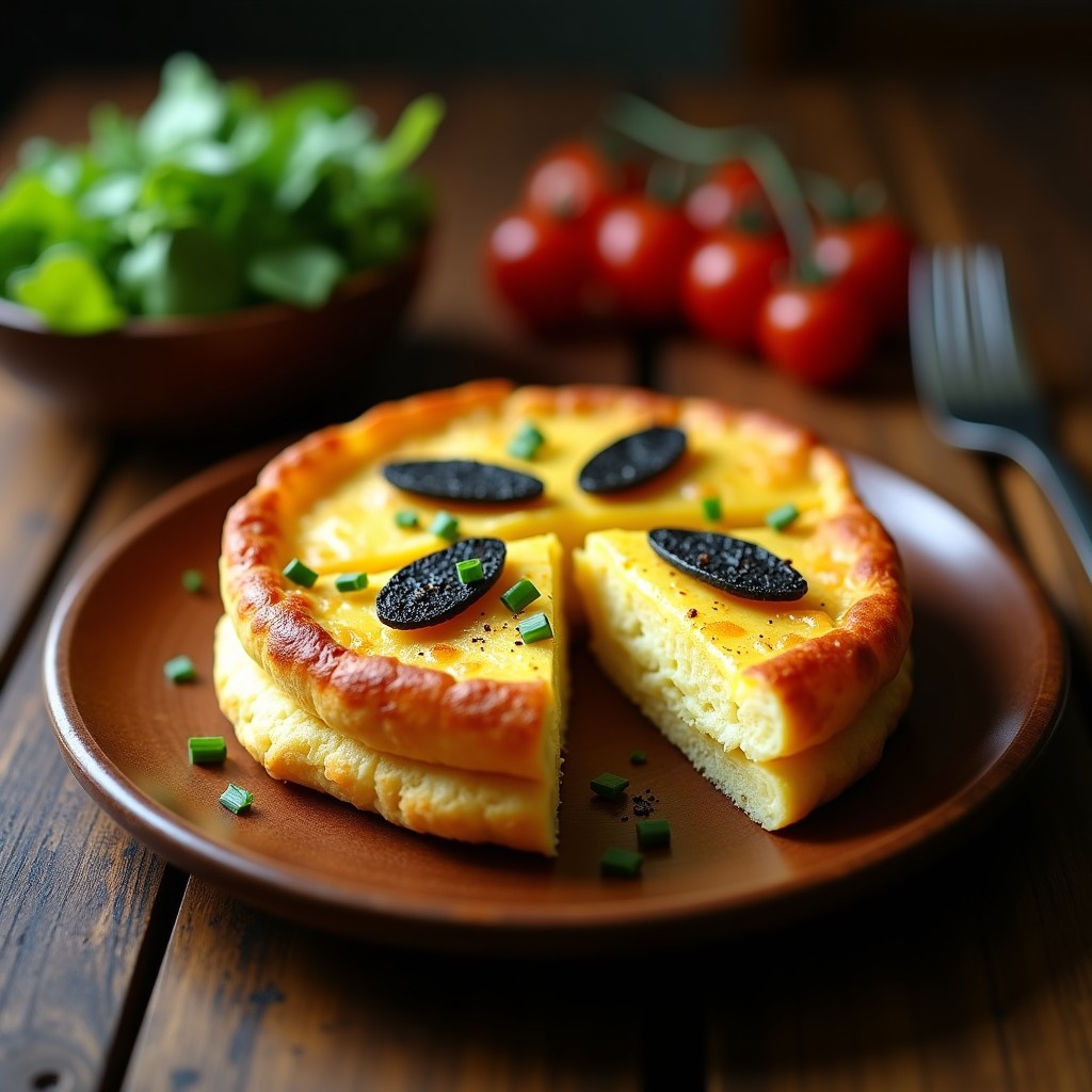 Tortilla de patata trufada en olla superpuesta con dos capas doradas, servida en plato de madera con virutas de trufa negra y hierbas frescas.