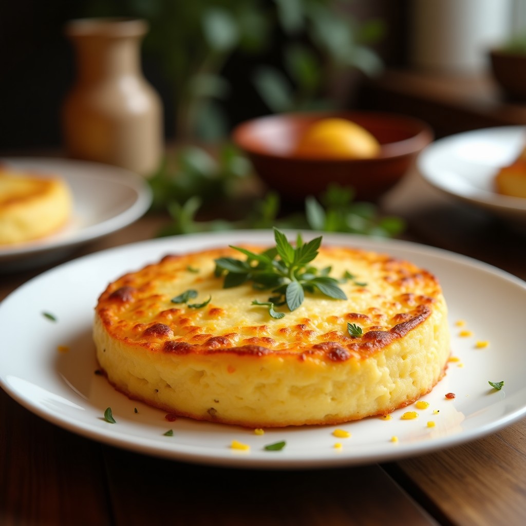 Tortilla de patata dorada y jugosa cortada en porciones, con vetas de aceite de trufa negra, servida en plato de madera rústica con hierbas frescas.