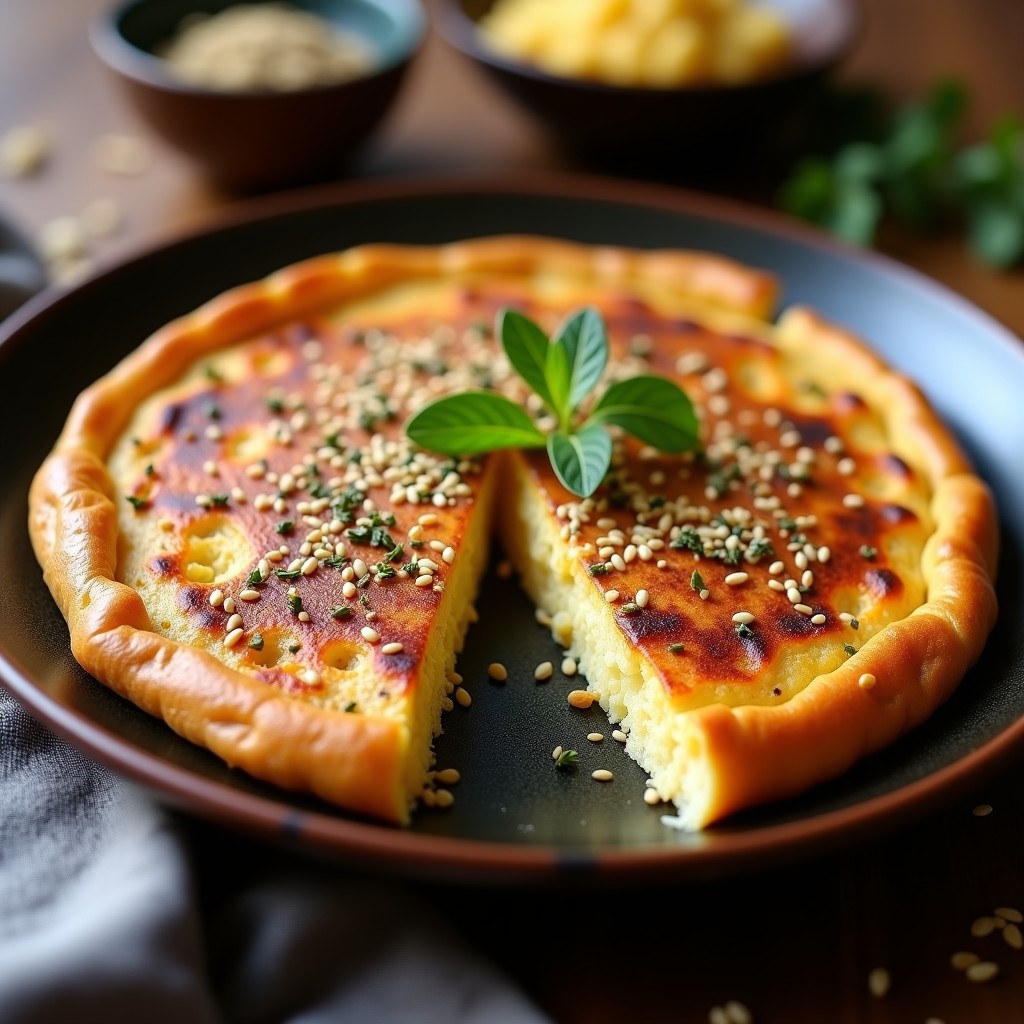 Tortilla de patata dorada y crujiente con especias zaatar, cortada en porciones y servida en plato de barro rústico, receta al horno sin voltear.