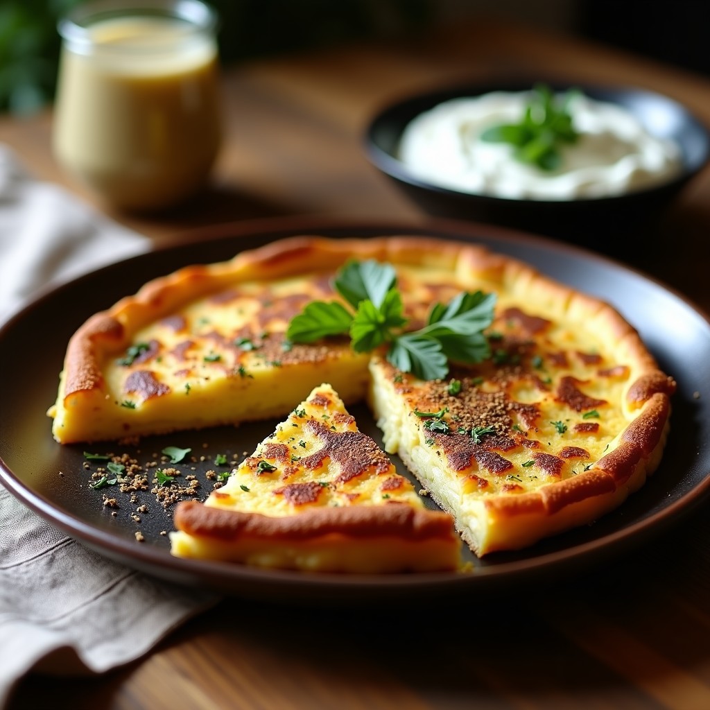 Tortilla de patata dorada al horno con especias zaatar, cortada en porciones y servida en plato de barro rústico, acompañada de perejil fresco.