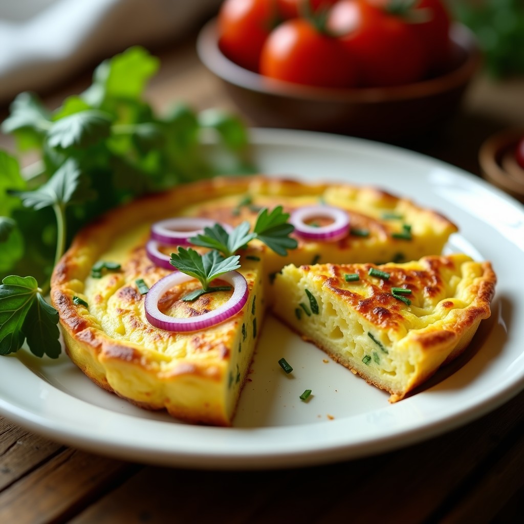 Tortilla dorada y esponjosa de patata y calabacín cortada en porciones, con trozos visibles de cebolla morada y perejil fresco, servida en un plato blanco sobre fondo de madera rústica, receta airfryer sin aceite.