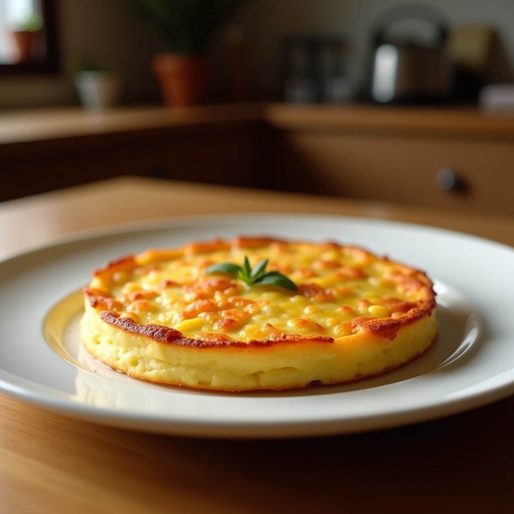 Tortilla de patatas con cebolla dorada y jugosa sobre un plato blanco rústico, acompañada de una rodaja de pan. Receta tradicional española de la abuela.