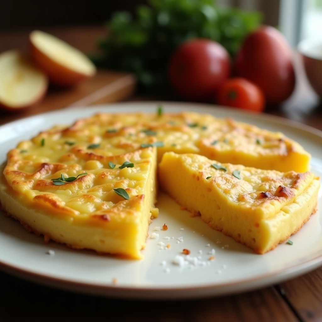 Tortilla de patatas clásica esponjosa y dorada, cortada en porciones, con trozos de patata y cebolla visibles, servida en plato blanco rústico.