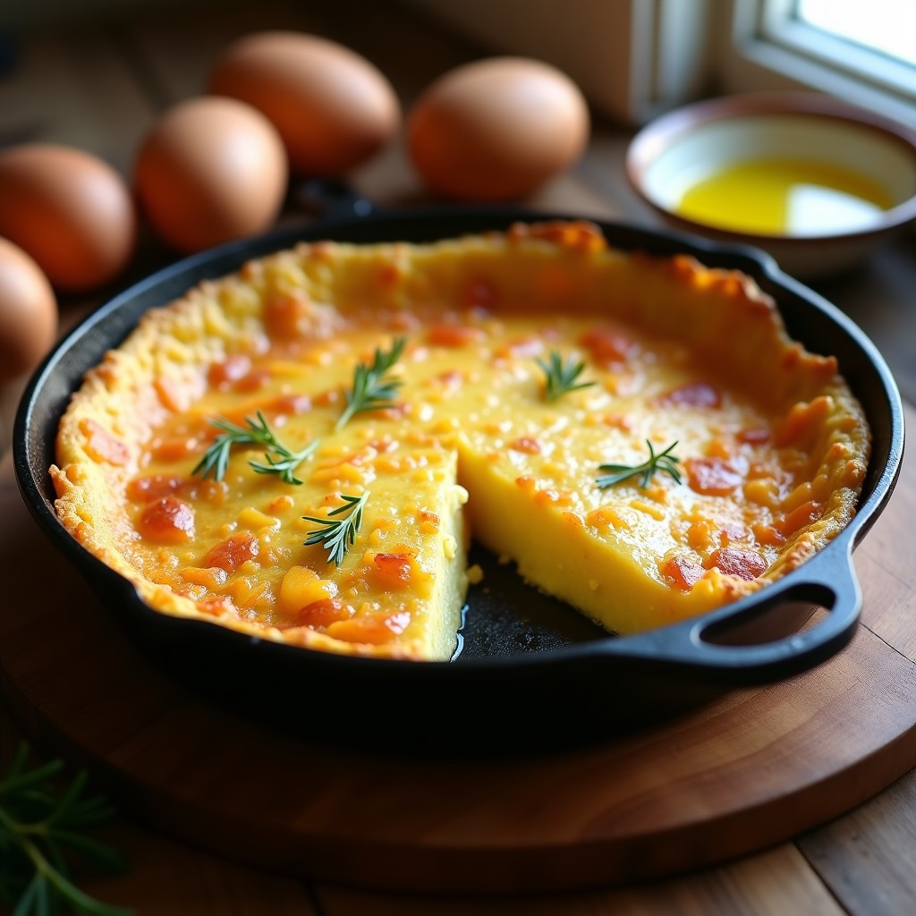 Tortilla de patatas tradicional casera en sartén de hierro, dorada por fuera y jugosa por dentro, con trozos de patata y cebolla visibles.