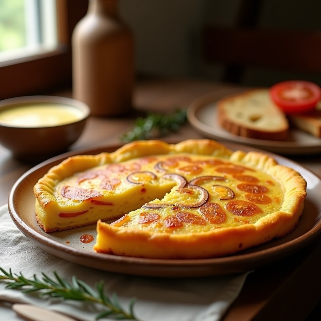 Tortilla de patatas tradicional espesa y dorada en un plato de barro, con el centro ligeramente jugoso, acompañada de una rebanada de pan.