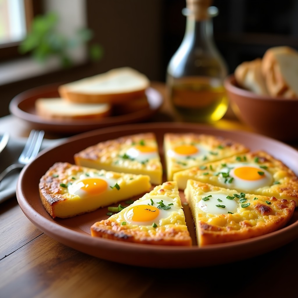 Tortilla de patatas tradicional española recién hecha, dorada por fuera y jugosa por dentro, cortada en porciones sobre un plato de barro rústico con una rebanada de pan en el fondo.
