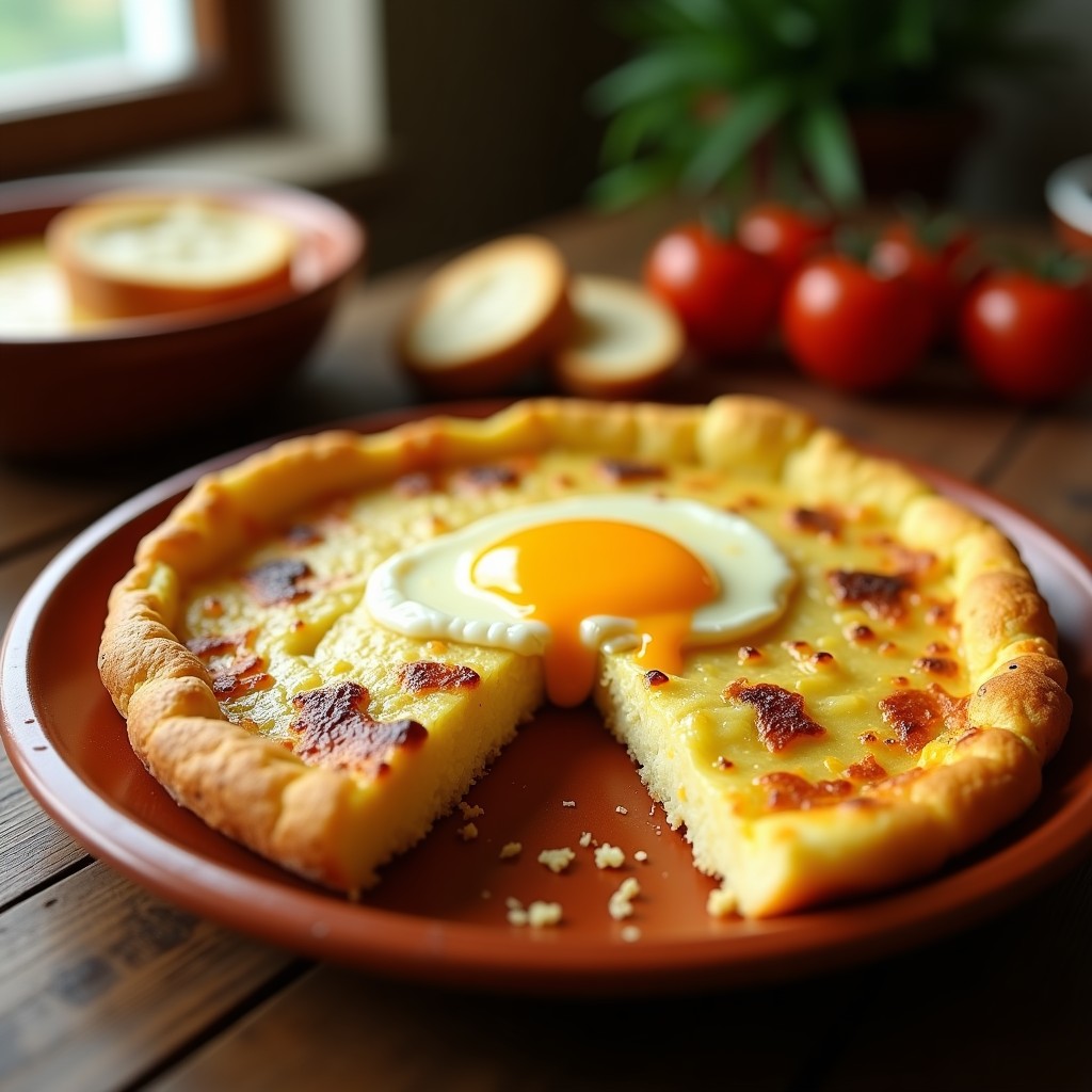 Tortilla de patatas tradicional española dorada por fuera y jugosa por dentro, cortada en porciones triangulares sobre un plato de barro rústico, con migas de pan tostado al lado.