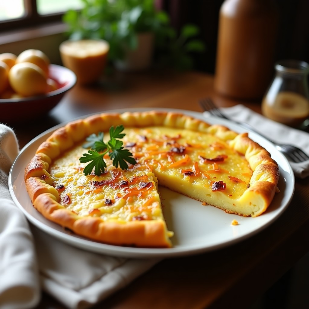 Tortilla de patatas tradicional española dorada por fuera y jugosa por dentro, cortada en porciones, con trozos de patata y cebolla visibles, servida en plato blanco rústico.
