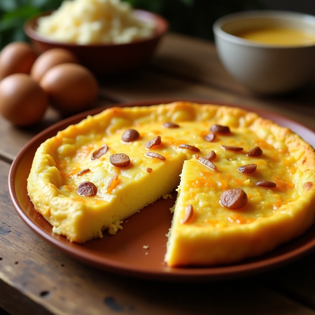 Tortilla de patatas española dorada por fuera y jugosa por dentro, servida en un plato de barro con un trozo cortado. Receta tradicional fácil.