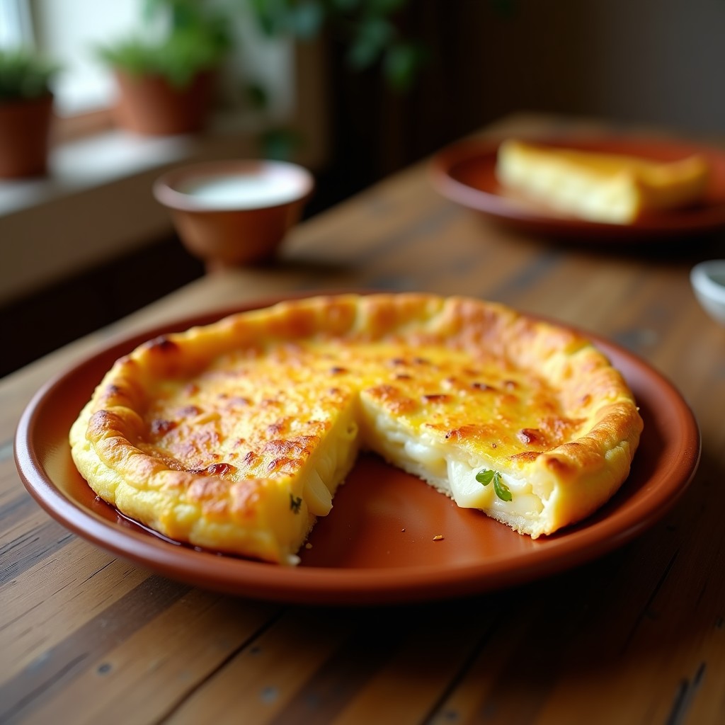 Tortilla de patatas tradicional española, dorada y jugosa, cortada en porciones sobre un plato de barro rústico, con trozos de patata y cebolla visibles en su interior.