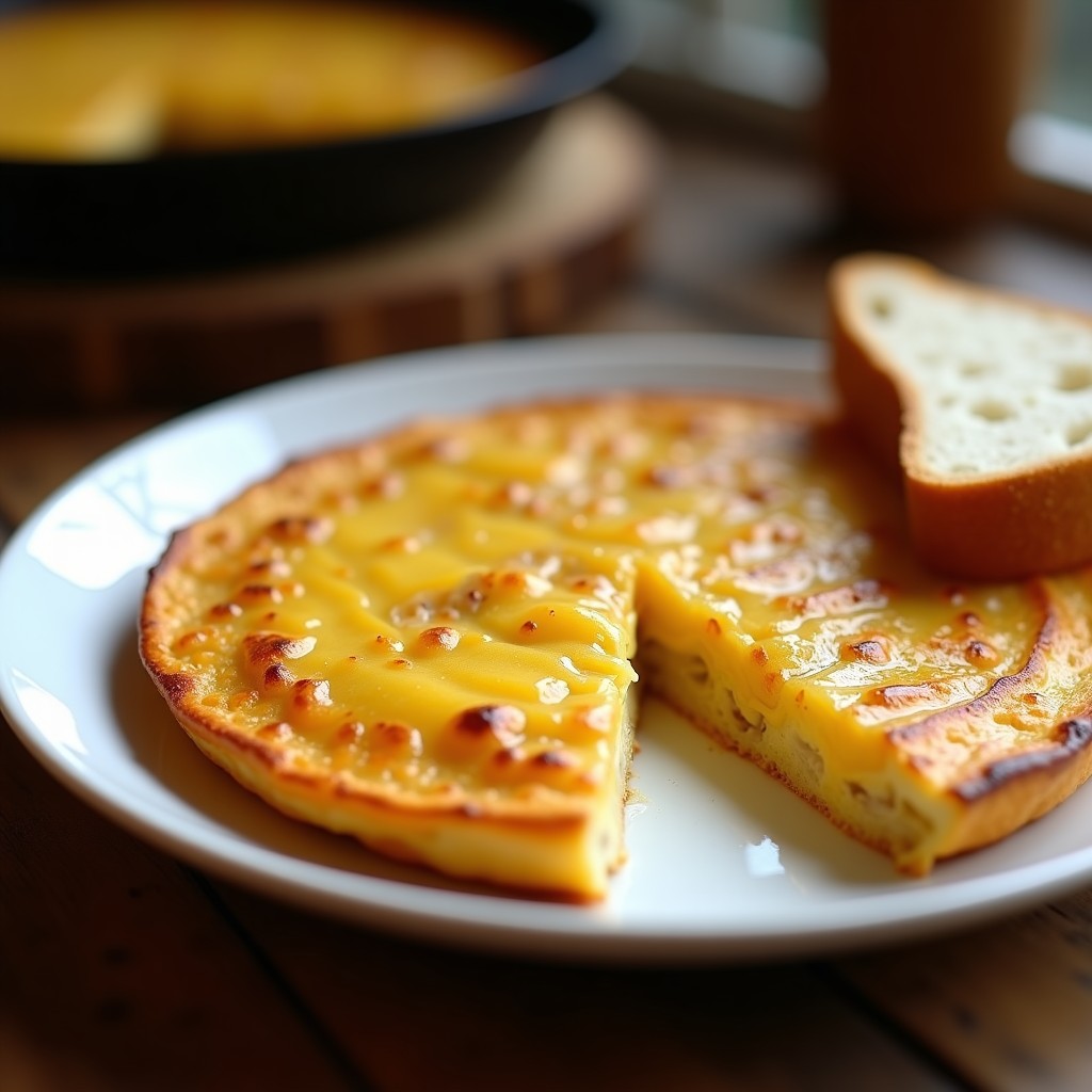 Tortilla de patatas tradicional dorada por fuera y jugosa por dentro, servida en plato blanco con rodaja de pan de barra al lado, receta casera española.