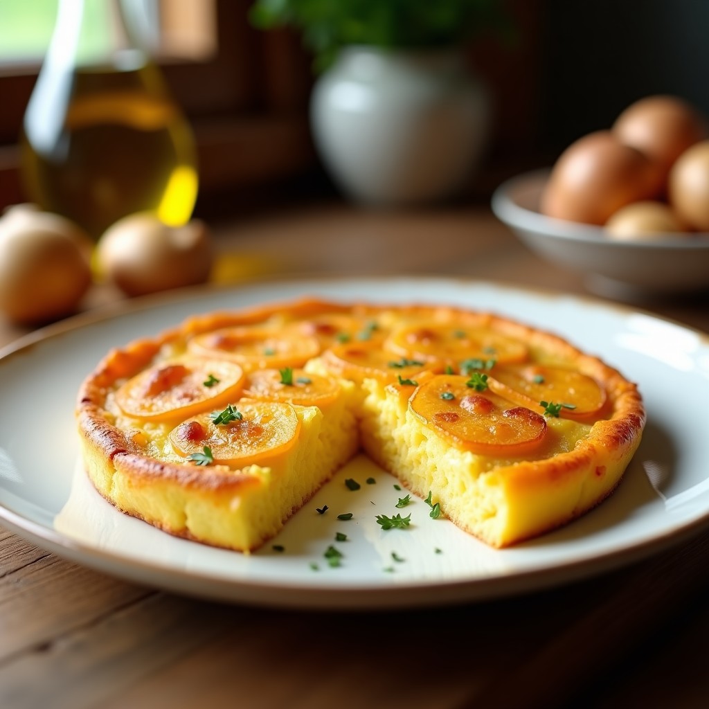 Tortilla de patatas tradicional española dorada por fuera y jugosa por dentro, cortada en porciones, servida en plato blanco rústico con fondo de cocina casera.