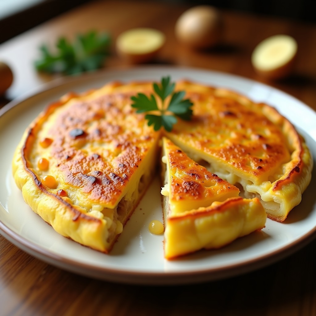 Tortilla de patatas tradicional española esponjosa en un plato de barro, cortada en porciones con yema dorada y trozos de patata y cebolla visibles.
