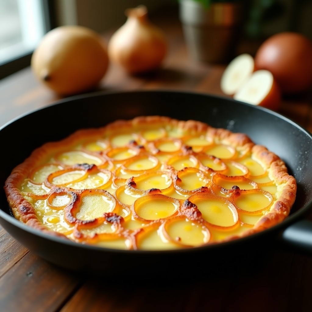 Tortilla de patatas dorada y jugosa en una sartén antiadherente, con el centro ligeramente brillante, rodeada de patatas fritas y cebolla. Receta tradicional española con truco de abuela.