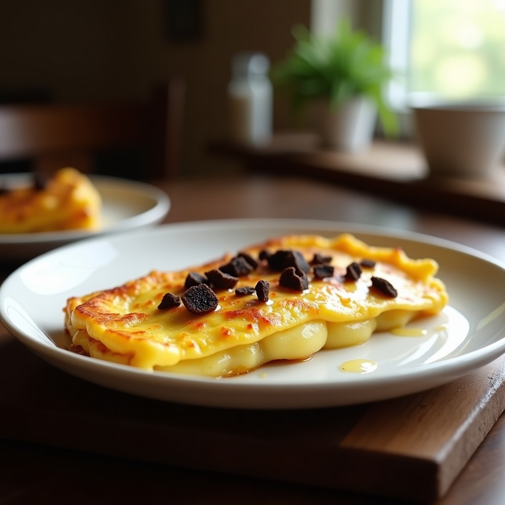 Tortilla de patatas dorada con trocitos de trufa negra, cocinada en airfryer, servida en plato blanco rústico con fondo de madera oscura.