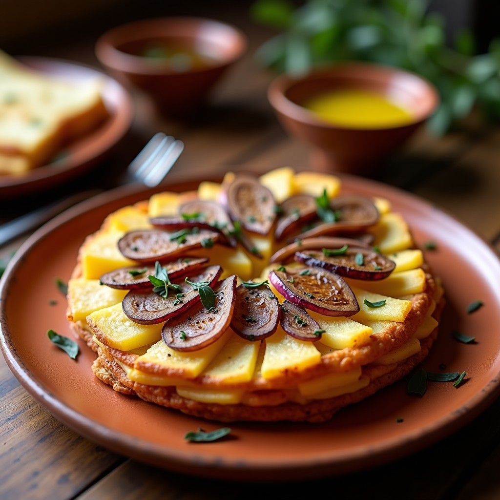 Tortilla de patatas dorada con láminas de trufa negra en la superficie, servida en plato rústico de barro con fondo borroso de cocina tradicional española.