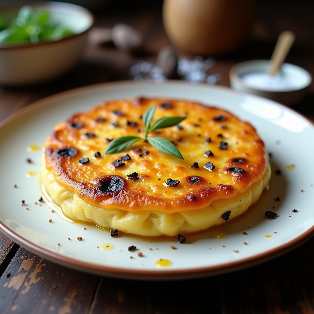 Tortilla de patatas dorada por fuera y cremosa por dentro, con trocitos de trufa negra visible, servida en plato blanco rústico.