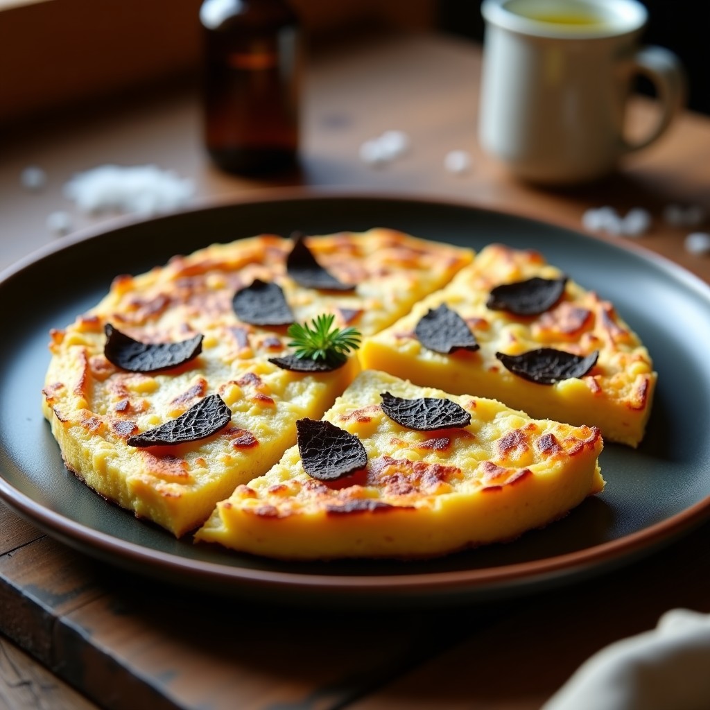 Tortilla de patatas dorada con láminas de trufa negra, servida en plato de barro rústico, receta olla express.