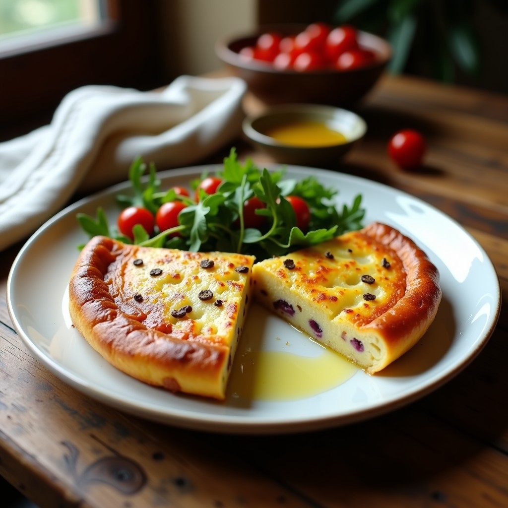 Tortilla de patatas dorada y esponjosa con vetas de aceite de trufa negra, servida en plato de cerámica blanca con tenedor de madera, receta en ollas superpuestas.