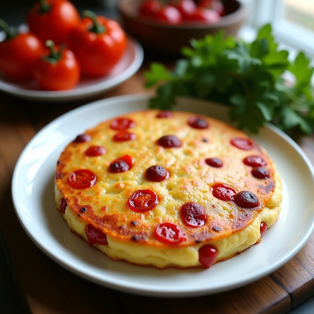 Tortilla de pimientos asados en Thermomix servida en plato blanco, con trozos dorados y jugosos de pimiento rojo y cebolla morada, ideal para tupper.