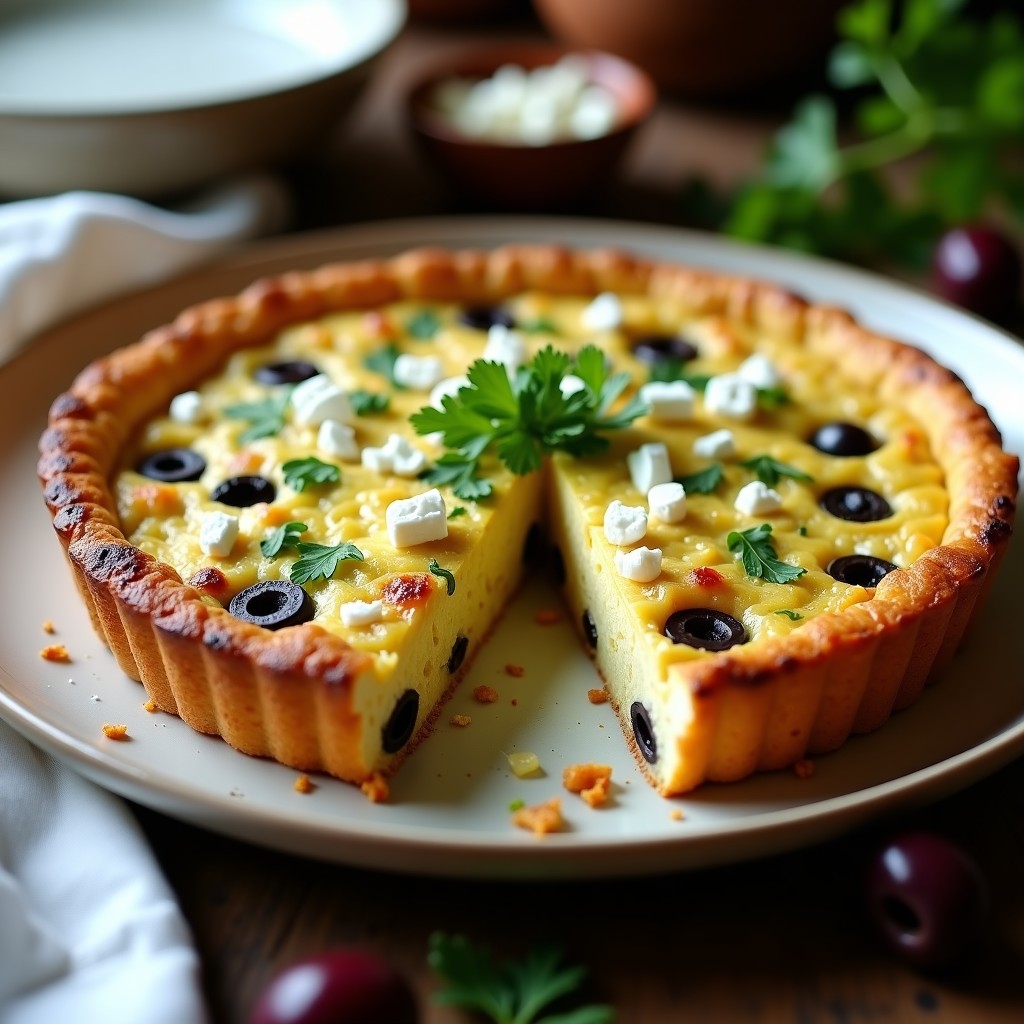 Tortilla dorada y esponjosa de puerros y aceitunas Kalamata servida en plato blanco rústico, con trozos de queso feta visible y hierbas frescas espolvoreadas, receta griega sin harina.