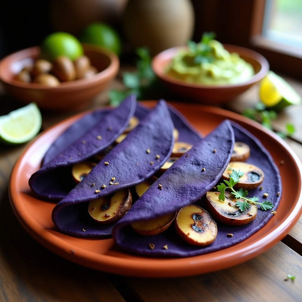 Tortillas de maíz azul recién hechas en comal, rellenas de hongos ostra dorados y epazote fresco, servidas en un plato de barro con guacamole y rodajas de limón al lado. Receta mexicana vegana tradicional.