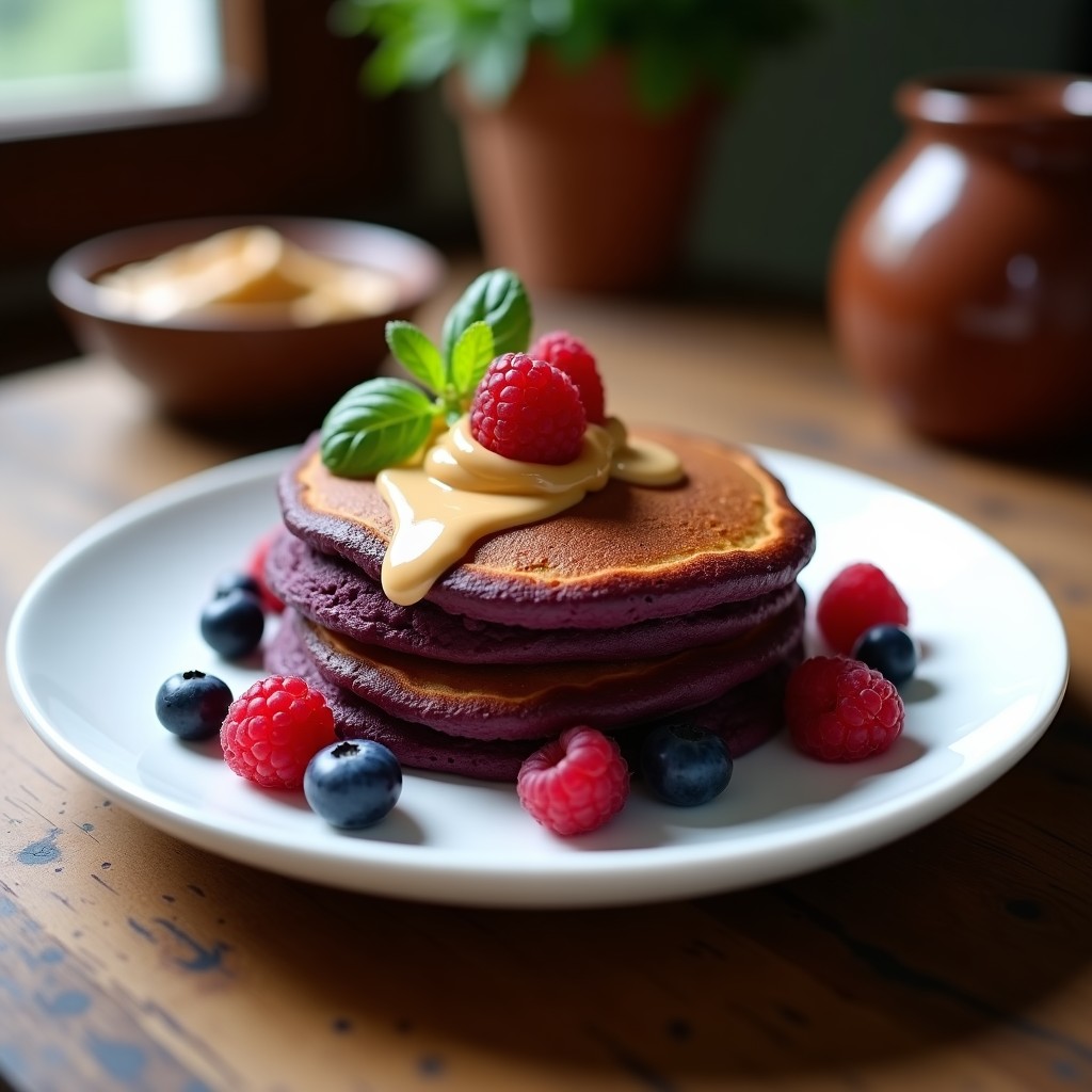 Tortitas de chocolate y batata morada en airfryer, desayuno sin harina y sin azúcar, crujientes por fuera y esponjosas por dentro, decoradas con almendras fileteadas y frutos rojos.